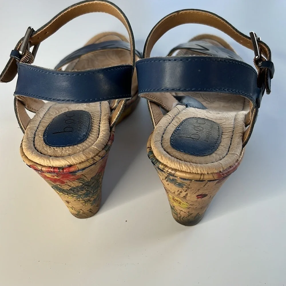 Born BOC Blue Leather Braided Strap Cork Floral Wedge Sandals Size 9